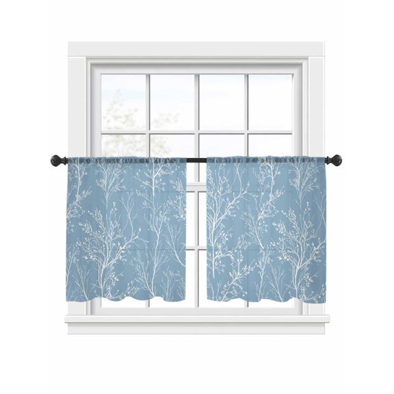 Sky Blue Sheer Curtains 2 Panels Set White Tree Branch Botanical Abstract Plant Leaves Sheer Window Curtains Light Filtering Rod Pocket Voile Drapes for Bedroom Living Room 52"x45"