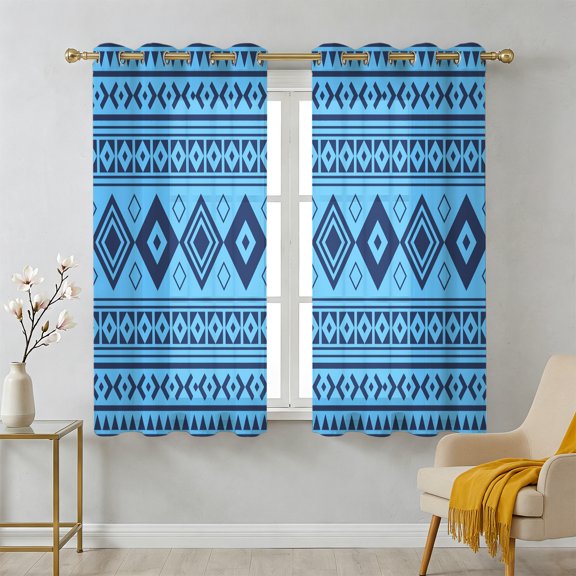 Sky Blue Sheer Curtains 39 Inch Long 2 Panels, Moroccan Geometric Striped Modern Farm Azure Folk Light Filtering Semi Sheer Drapes Grommet Voile Window Curtain for Living Bedroom W27.9 x L39