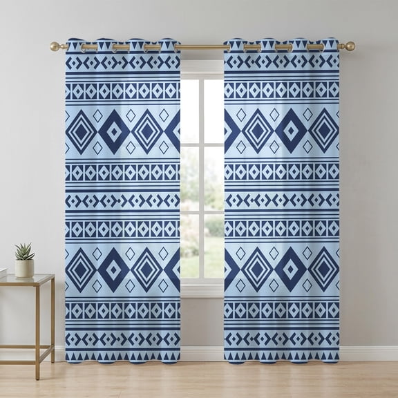 Sky Blue Sheer Curtains 63 Inch Long 2 Panels, Moroccan Geometric Striped Folk Lozenge Farm Azure Light Filtering Semi Sheer Drapes Grommet Voile Window Curtain for Living Bedroom W52 x L63