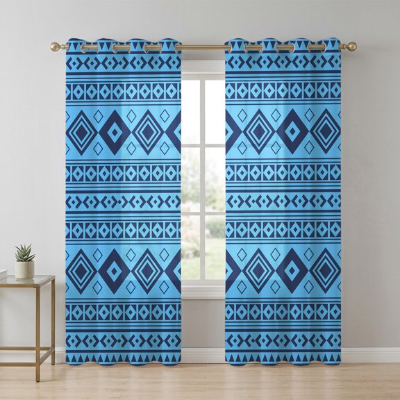 Sky Blue Sheer Curtains 72 Inch Long 2 Panels, Moroccan Geometric Striped Modern Farm Azure Folk Light Filtering Semi Sheer Drapes Grommet Voile Window Curtain for Living Bedroom W52 x L72