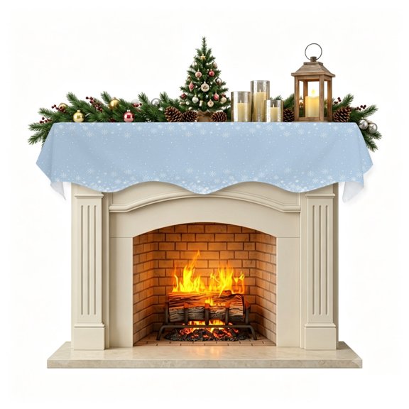 Sky Blue Snowflake Christmas Mantel Scarf Fireplace Decorations for Living Room, Xmas Snowflake Winter Fireplace Mantel Scarf Cover Runner for Halloween/Thanksgiving/Christmas Decor 70"x17"