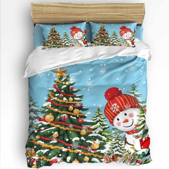 Sky Blue Snowman Christmas King Size Comforter Set, Xmas Tree Winter Snowflake Soft Bedding for All Seasons, 4 Pcs Bed Set with 1Comforter (90"x106") ,1 Sheet(94"x116"), 2 Pillowcases (19"x35")