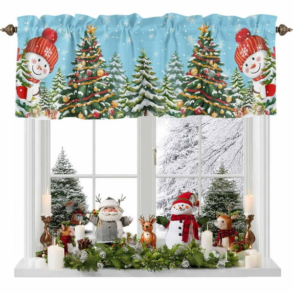 Sky Blue Snowman Christmas Valances for Windows, 42 x 18in, Xmas Tree Winter Snowflake Rod Pocket Kitchen Valance Curtain Light Filtering Window Treatments for Living Room Bedroom, 1 Panel