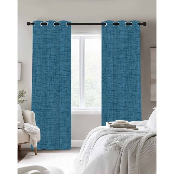 Sky Blue Solid Blackout Curtains 2 Panels, Minimalist Cloth Regal Blue Linen Texture Thermal Insulated Grommet Window Curtains for Bedroom Living Room 42"x45"