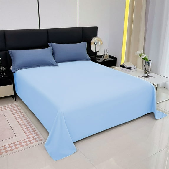 Sky Blue Solid Color Washed Cotton Bed Sheet Set Sky Blue Single Size Fitted Flat Sheet With Pillowcase Elastic Corner Bedding Set For Home Bedroom Comfort Soft Fabric Basic Design Size 12