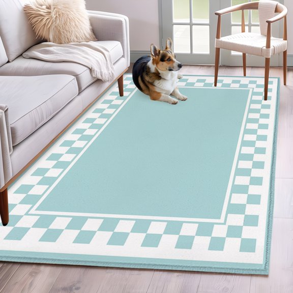 Sky Blue Square 2.7x5 Hallway Washable Runner Rug Graphic Retro Blue White Checkered Border Low-Profile Area Rugs Non Slip Backing Indoor Floor Carpet for Entrance Living Room Bedroom Home Office