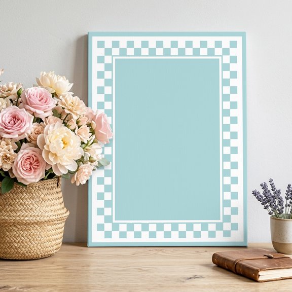 Sky Blue Square Canvas Wall Art, Graphic Retro Blue White Checkered Border Pictures Wall Decor Wooden Framed Artwork Art Prints for Living Room Hallway Bedroom Office 20"x24"