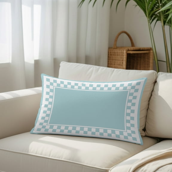 Sky Blue Square Throw Pillow Covers, Graphic Retro Blue White Checkered Border Decorative Lumbar Throw Pillowcase Cushion Cover with Smooth Hidden Zipper for Bedroom Sofa 12 x 20 Inches