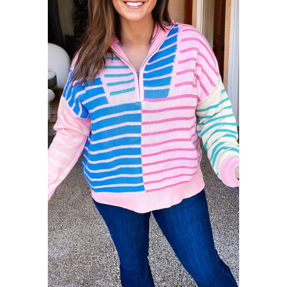 I AM A FASHION JUNKY Sky Blue Stripe Colorblock Patchwork Plus Size Half Zip Sweater