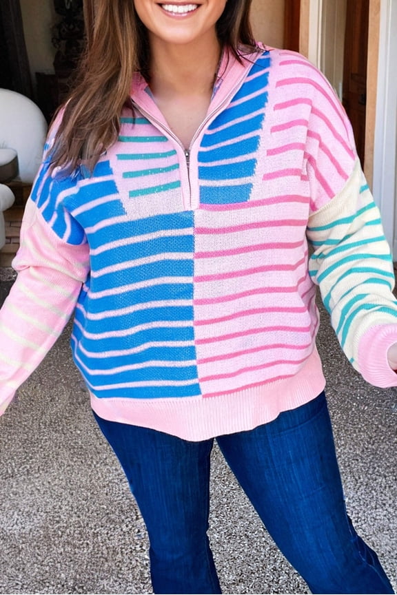 Sky Blue Stripe Colorblock Patchwork Plus Size Half Zip Sweater