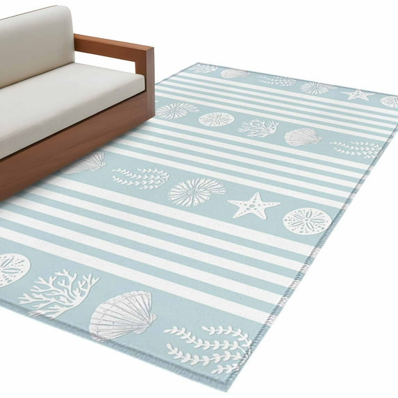 Sky Blue Striped Coastal Area Rug 3x5 FT, Non Slip Entryway Bedside Carpet, Nautical Beach Starfish Shell Washable Soft Floor Carpet Indoor Mat Non-Shedding Throw Rug for Dorm Kitchen Home Office