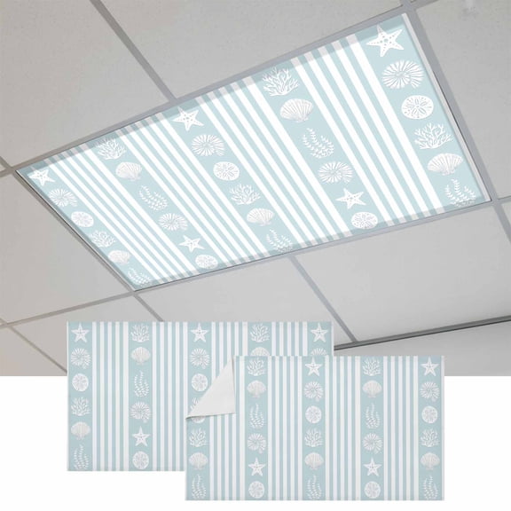 Sky Blue Striped Coastal Fluorescent Light Covers, Nautical Beach Starfish Shell Magnetic Light Covers for Ceiling Lights, Fluorescent Ceiling Shade Filters for Classroom Bedroom Office 4x2Ft x 2PCS