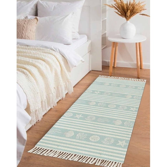 Sky Blue Striped Coastal Hallway Runner Rug 2x5ft,Nautical Beach Starfish Shell Washable Woven Living Room Bedroom Kitchen Bathroom Carpet with Tassels,Indoor Outdoor Throw Door Mat for Entryway