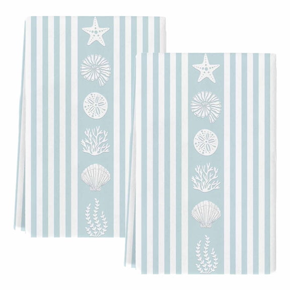 Sky Blue Striped Coastal Kitchen Towels Set of 2, Absorbent Microfiber Dish Tea Towels with Hanging Loop, Nautical Beach Starfish Shell Resuable Hand Towel for Home Kitchen Cooking Cleaning 18"x28"