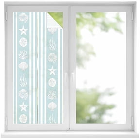 Sky Blue Striped Coastal Privacy Window Film, Decorative Frosted Glass Window Film, Nautical Beach Starfish Shell Reusable Peel and Stick Static Cling for Home Bathroom Office Glass Door 17.7"x39.3"