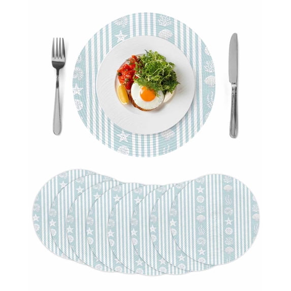 Sky Blue Striped Coastal Round 13 Inch Placemats Set of 8, Nautical Beach Starfish Shell HeatResistant Non Slip Place Mats for Dining Table, Wipeable Braided Kitchen Table Mats for Housewarming