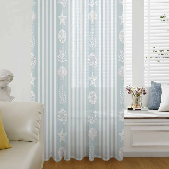 Sky Blue Striped Coastal Semi Sheer Curtains Drapes for Living Room, Bedroom, French Doors Window 63 Inches Long, Nautical Beach Starfish Shell Rod Pocket Chiffon Curtain Drapery Voile Drape Panel