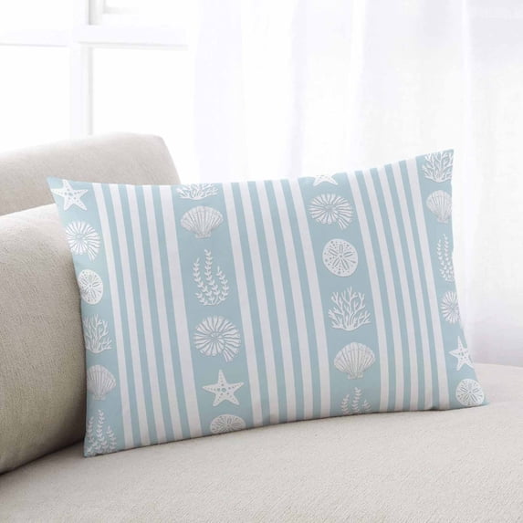 Sky Blue Striped Coastal Throw Pillow Cover, Pillowcase Protectors with Zipper, Breathable Decorative Lumbar Pillow Case Cover, Nautical Beach Starfish Shell Pillow Shams for Couch Sofa 12x20Inch