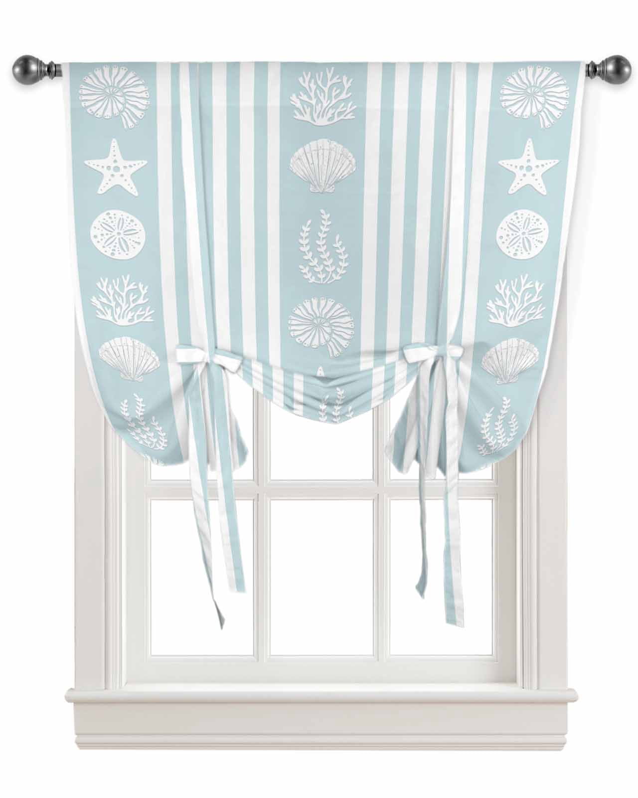 Sky Blue Striped Coastal Tie Up Curtains for Kitchen Bathroom Bedroom ...