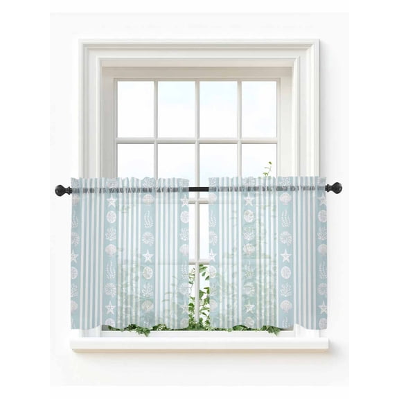 Sky Blue Striped Coastal Tier Curtains 24 Inch Length,Sheer Curtains for Bedroom Living Room Window Nautical Beach Starfish Shell Voile Drapes Kitchen Curtains Small Half Window 27.5"x24" 2 Panels