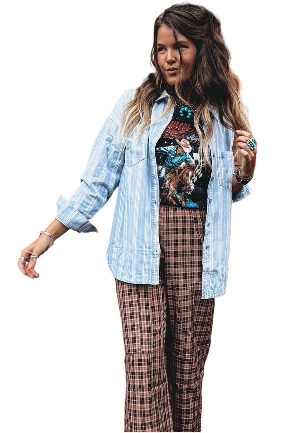 Sky Blue Striped Denim Shacket for Women – Casual Boyfriend Style with Chest Pocket, XL