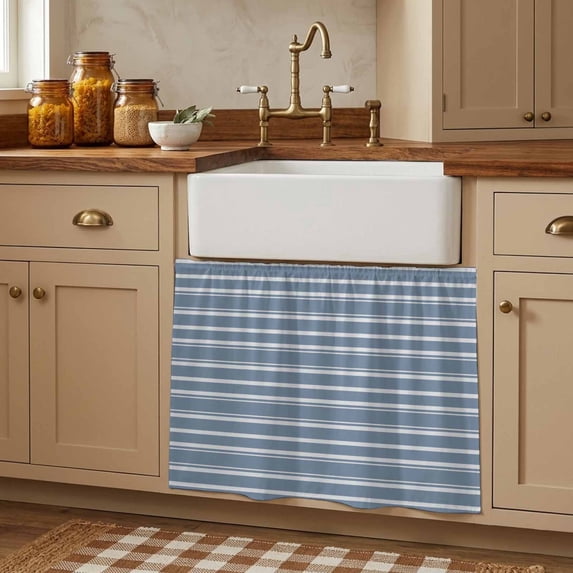 Sky Blue Striped Small Cabinet Curtains 10"W x 11"L, Farmhouse Vintage Sky Blue Stripes Sink Skirt Dust-Proof Short Curtain for Bathroom Vanity Storage Cubby Desk, Self Adhesive Privacy Drapes