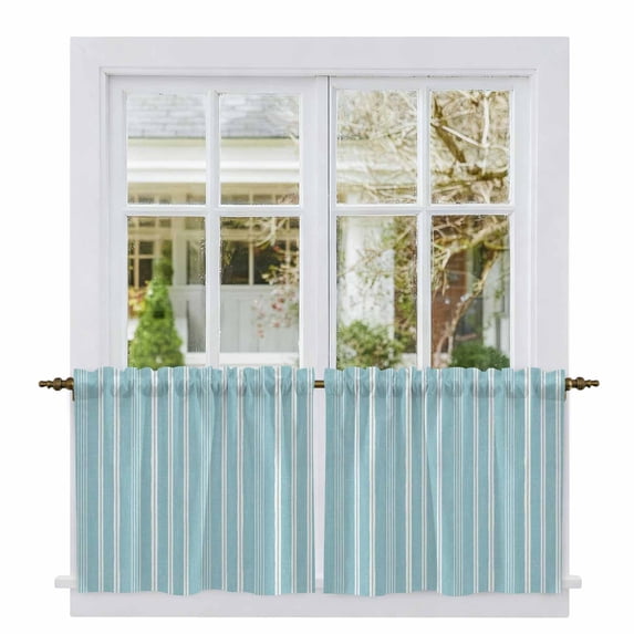 Sky Blue Striped Tier Curtains 36 Inch Length, Farmhouse Stripes Modern Vintage Cafe Short Curtains for Bathroom Over Sink, Small Kitchen Curtain Light Filtering Tiered Drapes 2 Panels 27.5"Wx36"L