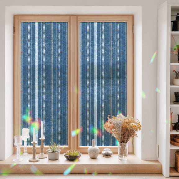 Sky Blue Stripes Window Privacy Film Classic Minimalist Stripe Modern Geometric Static Cling Stained Glass Window Film Non-Adhesive Decorative Decals Rainbow Sticker 23.6"X59"