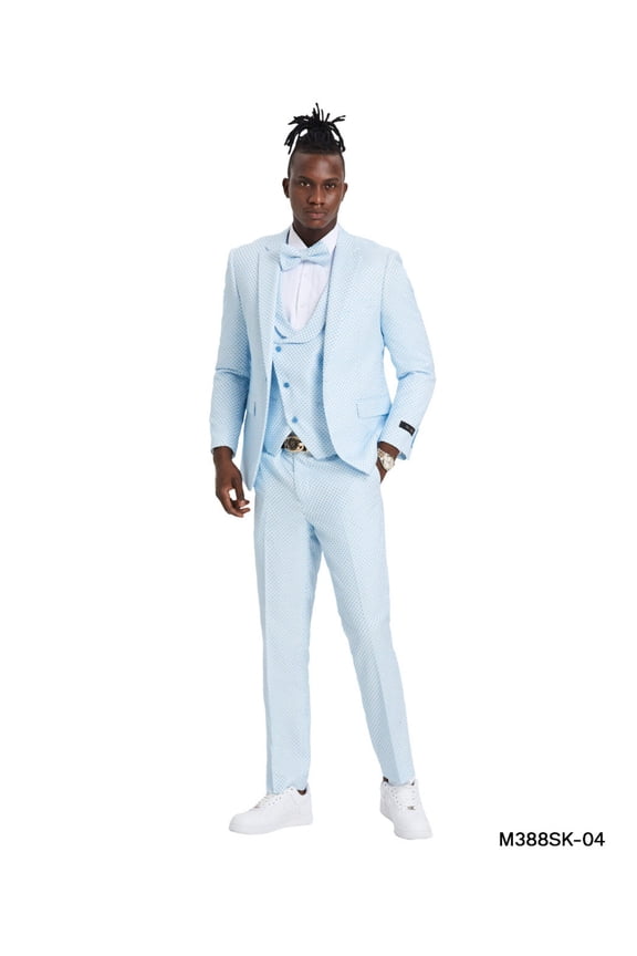 Sky Blue Suit with U-Shaped Shawl Collared Vest