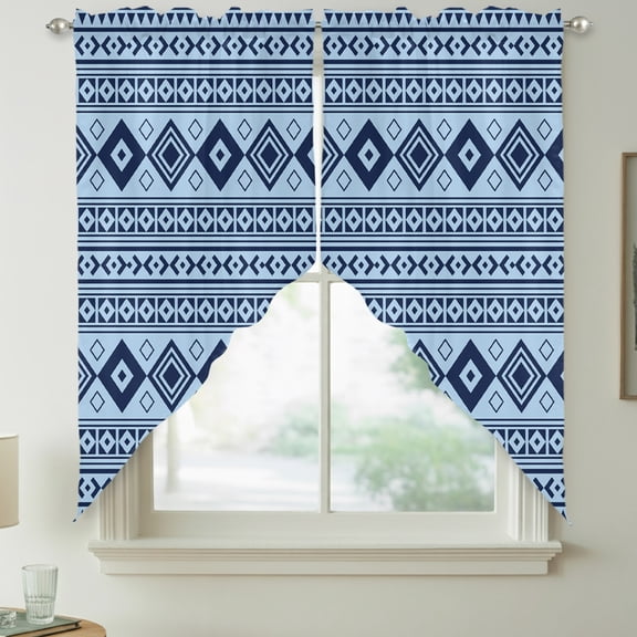 Sky Blue Swag Kitchen Curtain Valances, Moroccan Geometric Striped Folk Lozenge Farm Azure Rod Pocket Curtains Window Treatment Decor Valances for Bedroom Bathroom, 2 Panels 36 x 36 Inch