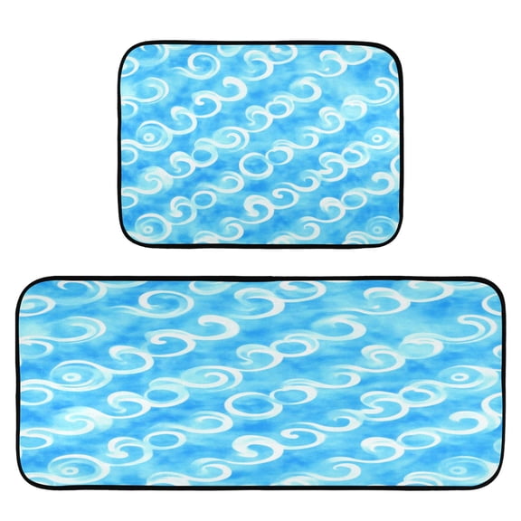 Sky Blue Swirl 2-Piece Kitchen Carpet Mat Set, Non-Slip Memory Foam, Soft for Kitchen and Living Room Use