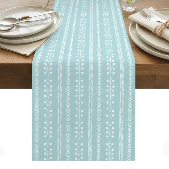 Sky Blue Table Runner, Rustic Vertical Dashed Lines Shabby Chic Leaf Cottagecore Washable Kitchen Table Runners Dress Scarves for Dining Table Decorations Party/Restaurant/Indoor Outdoor Use, 13x36in