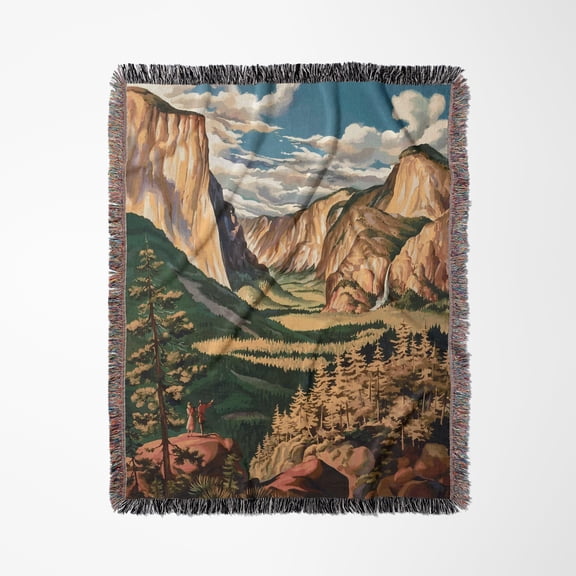 Sky Blue, Tan and Green Mountain Valley Woven Throw Blanket, 100% Cotton, Pine Forest Landscape for Home Decor