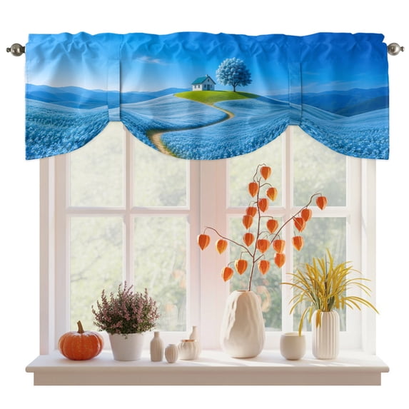 Sky Blue Tie Up Valance Curtains for Windows, Kitchen Curtains Window Treatments, Natural Landscape Country Tree Flowers Short Window Shades Valances for Bedroom Bathroom Cafe 42"x12"