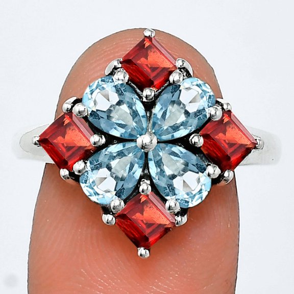 Sky Blue Topaz & Garnet 925 Sterling Silver Ring s.8 Jewelry R-1021 AGR1020_C_8