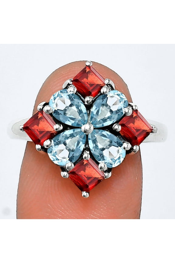 Sky Blue Topaz & Garnet 925 Sterling Silver Ring s.8 Jewelry R-1021 AGR1020_C_8