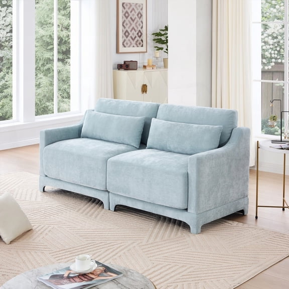 Sky Blue Two-seater Chenille Fabric Sofa - Ergonomic, High-Quality Wood Frame, Resilient Sponge, Easy to Install, 2 Lumbar Pillows, Fits Bedrooms & Living Rooms