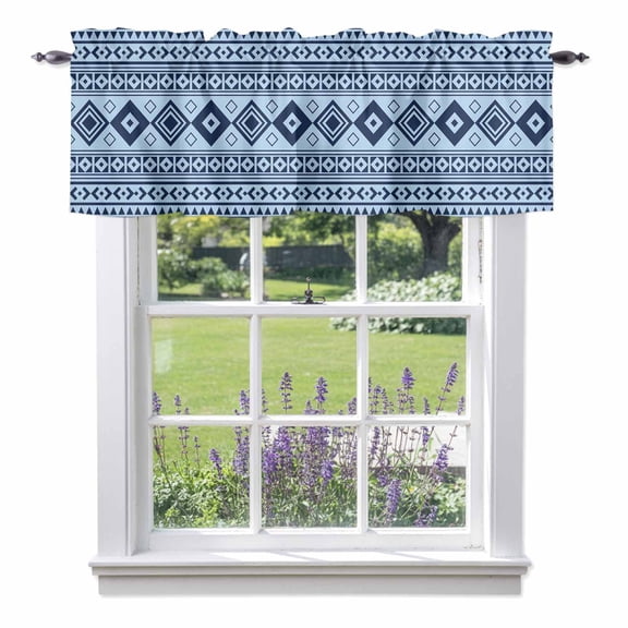 Sky Blue Valance Curtain 1 Panel, Moroccan Geometric Striped Folk Lozenge Farm Azure Kitchen Valance with Rod Pocket Window Treatment Short Curtains for Bathroom Bedroom, 42 x 12 Inches