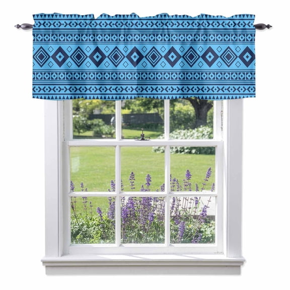 Sky Blue Valances for Windows, Moroccan Geometric Striped Modern Farm Azure Folk Rod Pocket Valance Short Window Treatments Curtains for Kitchen Bathroom Bedroom Decor, 54 x 18 Inches