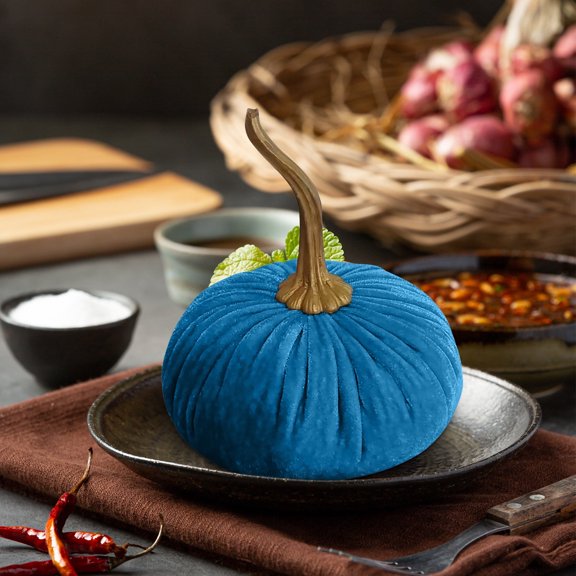 Sky Blue Velvet Artificial Pumpkin For Fall Wedding Halloween Decor 10Cm Sea Blue Foam