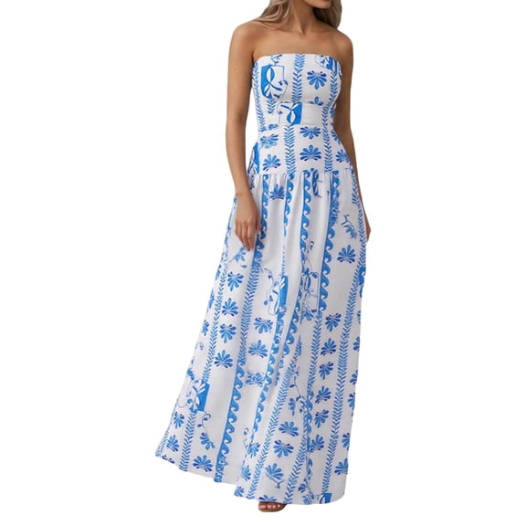 Sky Blue Wedding Guest Dress Women's Casual Dress Elegant Strapless Maxi Dress for Summer Wedding Party Vacation Beach Flowy Ruffled Sleeveless Gown M Polyester Women's Casual Dress