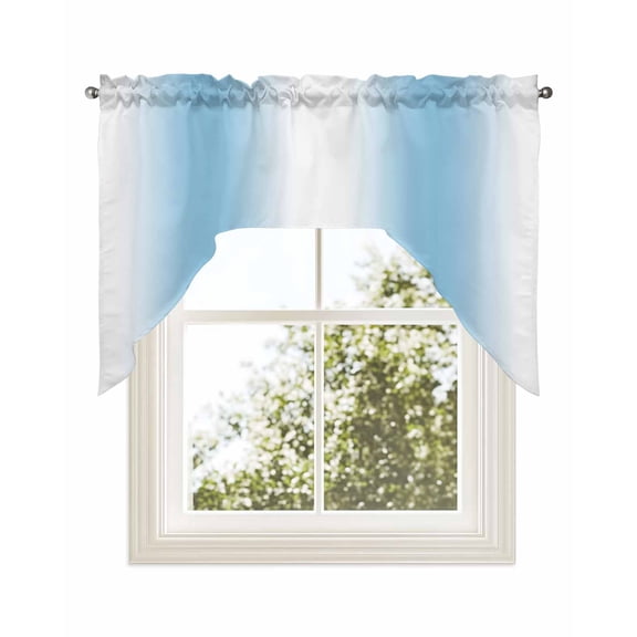 Sky Blue White Kitchen Swag Valance for Window,Rod Pocket Short Kitchen Curtains&nbsp;36 Inch Length,Gradient Vertical Stripes Minimalist Swag Topper Small Window Treatment for Cafe Bathroom Bedroom