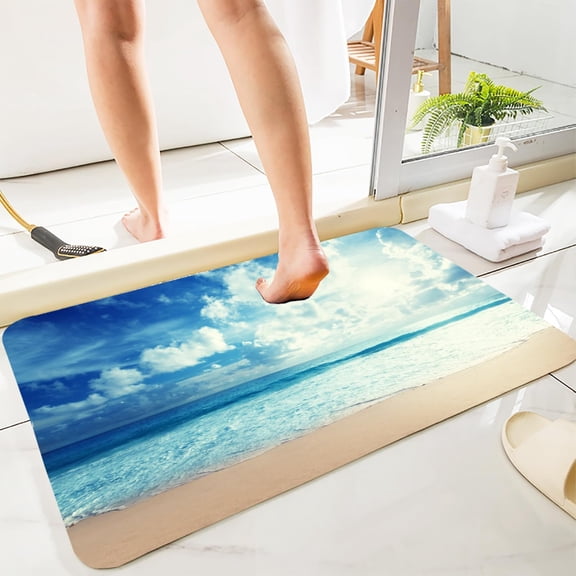 Sky Blue White Thickened Anti Fatigue Carpet, Extended Bathroom Bath Mat, 35.5x21.5 inch Kitchen Non Slip Mat, Bright Flannel Memory Sponge Floor Mat for Living Room Bedroom Door Mats.