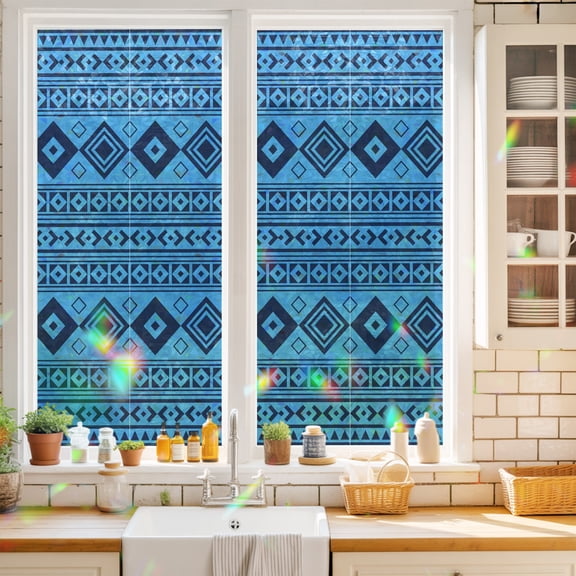 Sky Blue Window Privacy Film Moroccan Geometric Striped Modern Farm Azure Folk Static Cling Stained Glass Window Film Non-Adhesive Decorative Decals Rainbow Sticker 17.7"X39.3"