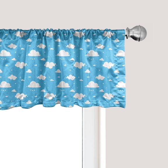 Sky Blue Window Valance, Fluffy Clouds Day Time Illustration Cheerful Heavenly Cartoon, Curtain Valance for Kitchen Bedroom Decor with Rod Pocket, 42" x 12", Deep Sky Blue and White