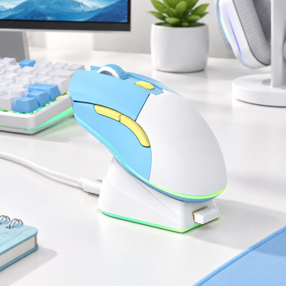 Sky Blue Wireless Gaming Mouse with Charging Dock, 12k DPI Rechargeable RGB PC Notebook Mouse