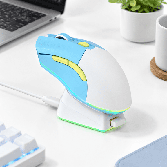 Sky Blue Wireless Gaming Mouse with Charging Dock, Rechargeable RGB 12k DPI 6 Button High-precision Sensor
