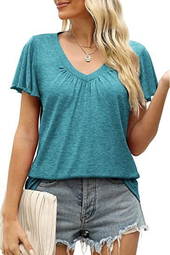 Sky Blue XL WIZUTIZ Corset Tops for Women Sales Loose Fit Shirts Crew Neck Cozy Style Comfy Ladies Tshirts Plus Solid Blouse Plus Size Holiday Beach T-shirt Athletic Plain Short Sleeve Tshi