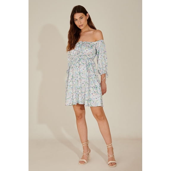 Sky Blue pamela off shoulder recycled mini dress