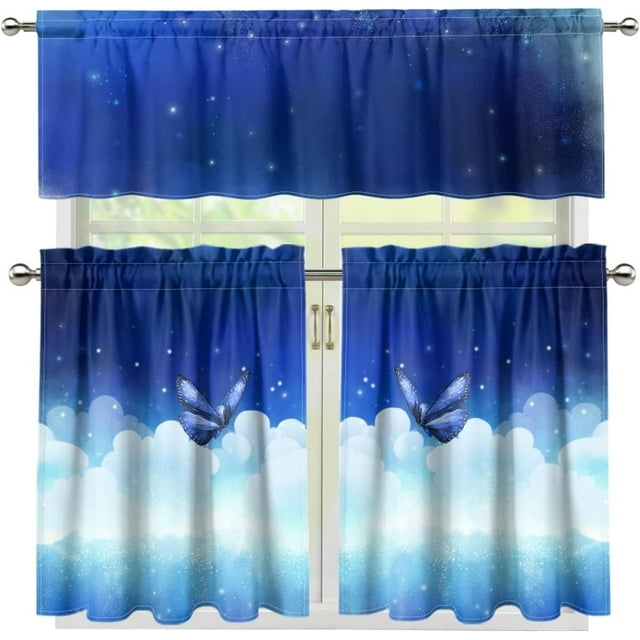 Sky Butterfly Print Kitchen Curtain Valance and Tier Set Light Blocking Window Treatment Tiers Easy Installation Set of 3pc